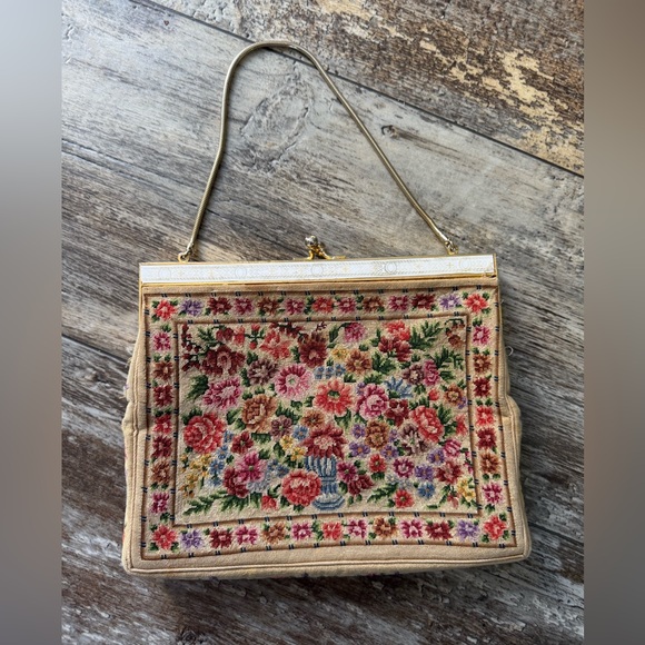 Handbags - Vintage floral petit point embroidered tapestry kiss lock purse gold rope strap